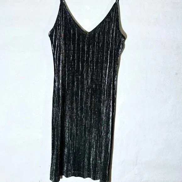 Mikai Size Large Slip Dress Charcoal Gray Black Metallic Shimmer Sexy Slinky - Picture 2 of 7